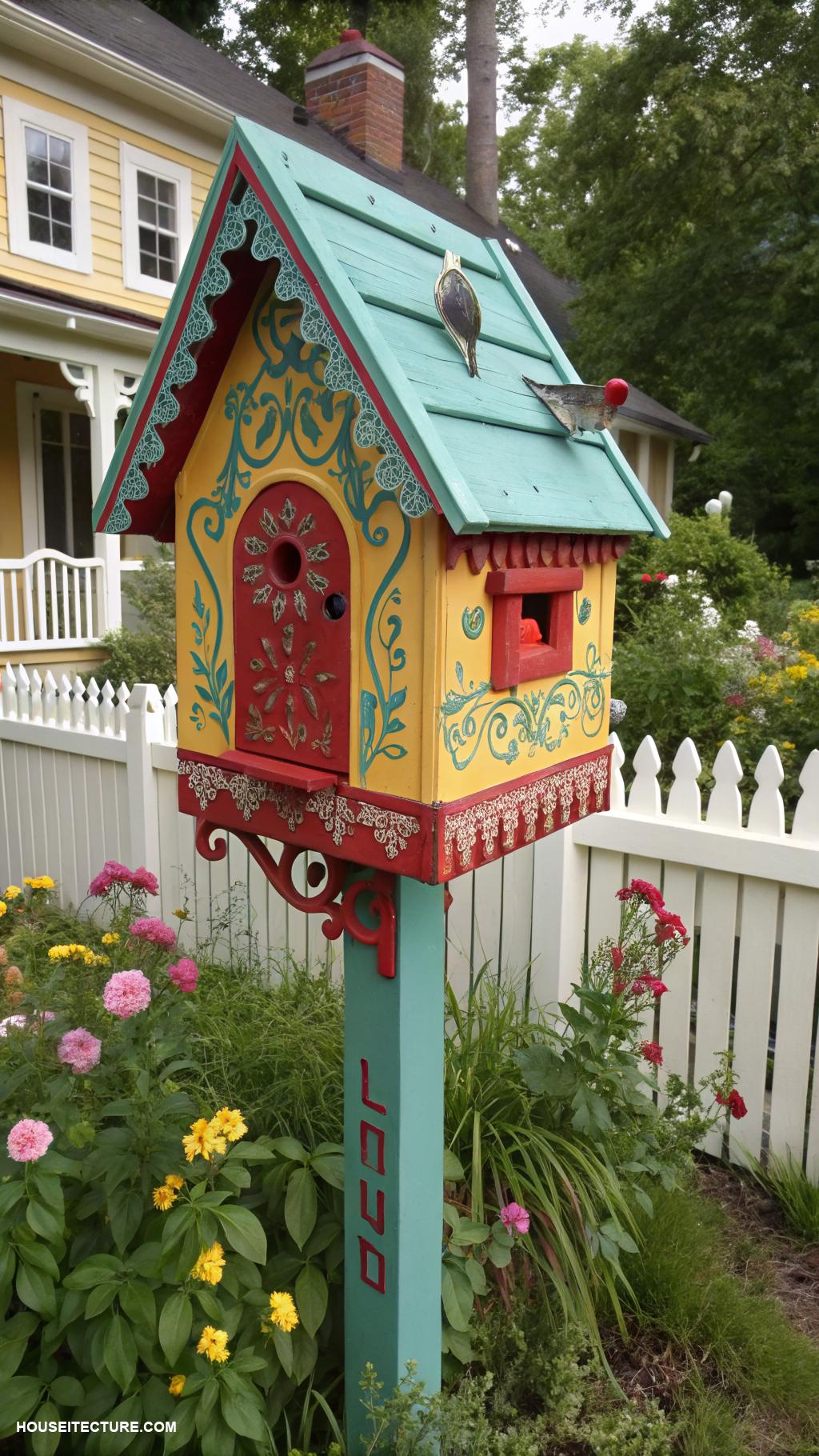 beautiful mailboxes Quaint birdhouse inspired mailbox with vibrant colors
