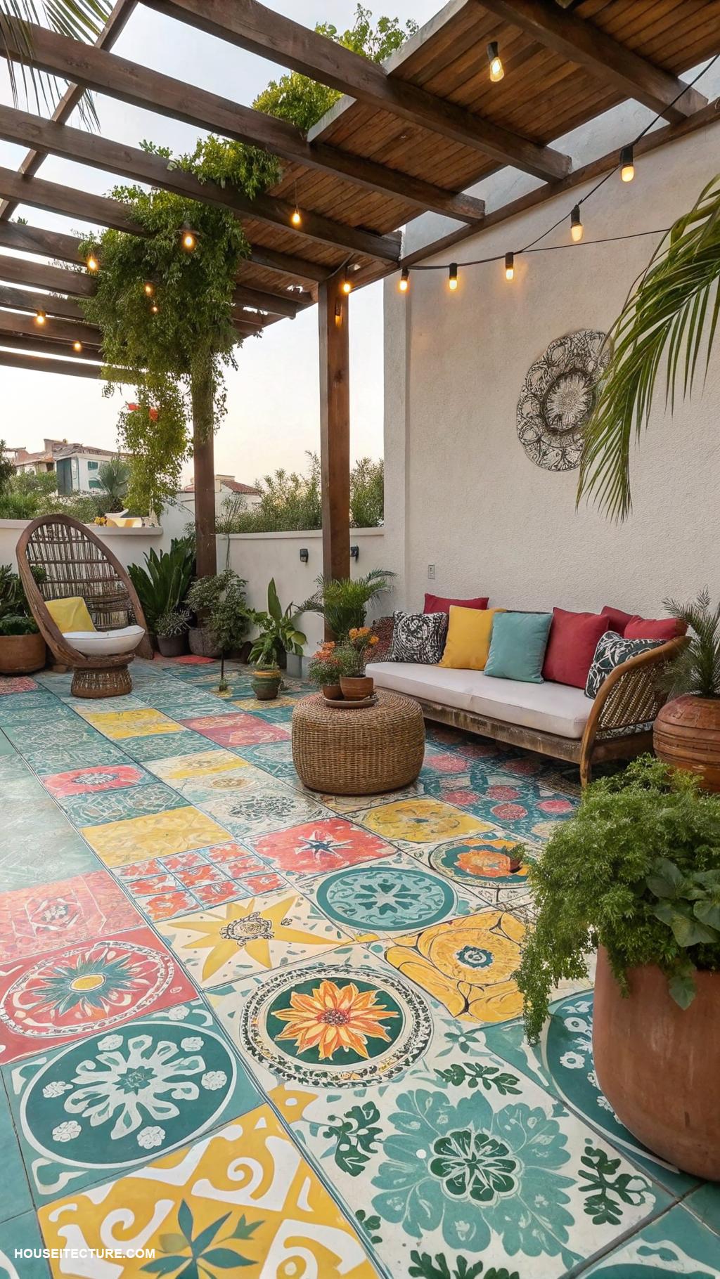 beautiful patio ideas Colorful tile flooring for vibrant ambiance