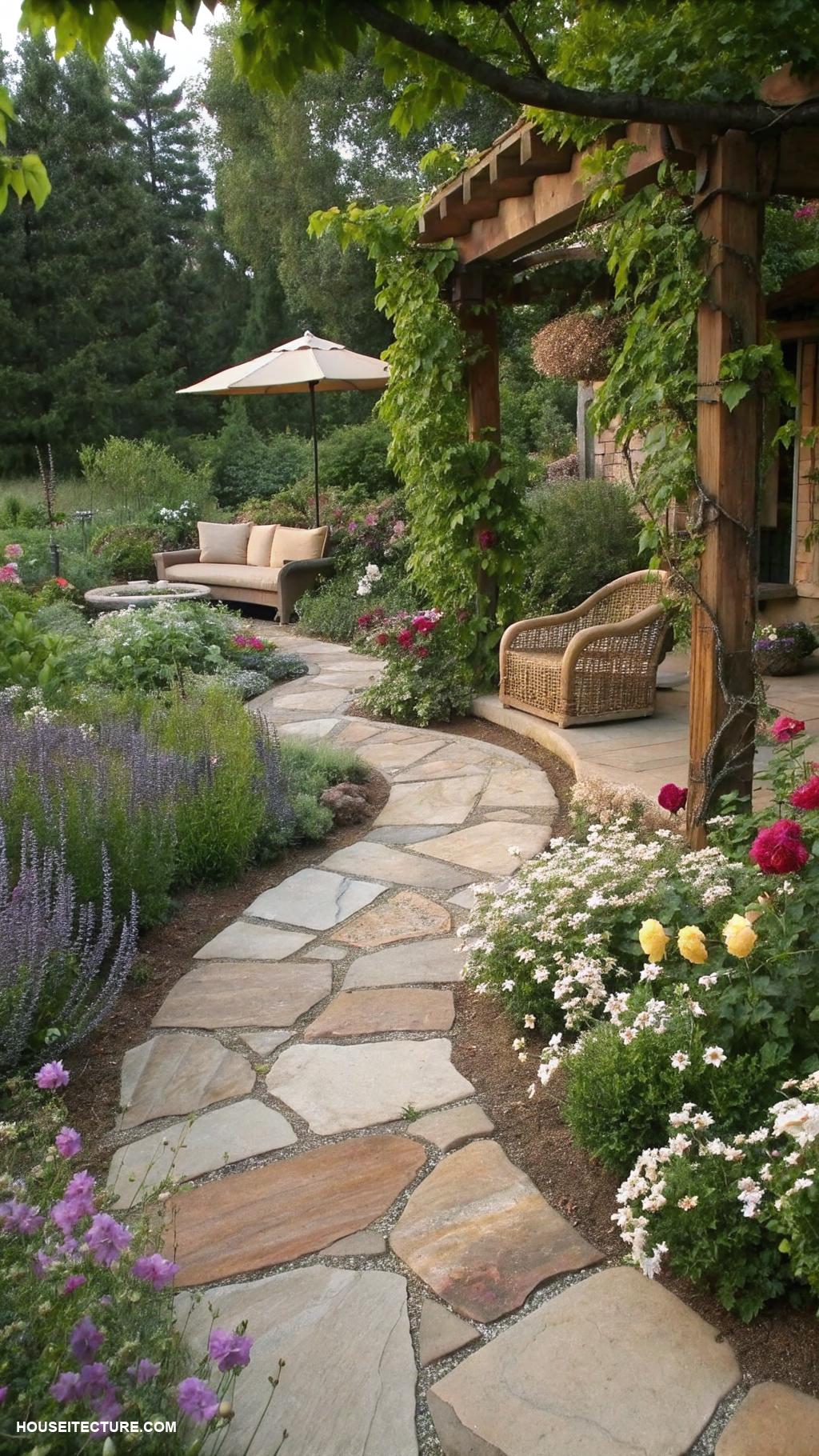 beautiful patio ideas Natural stone pathways surrounded by flowers