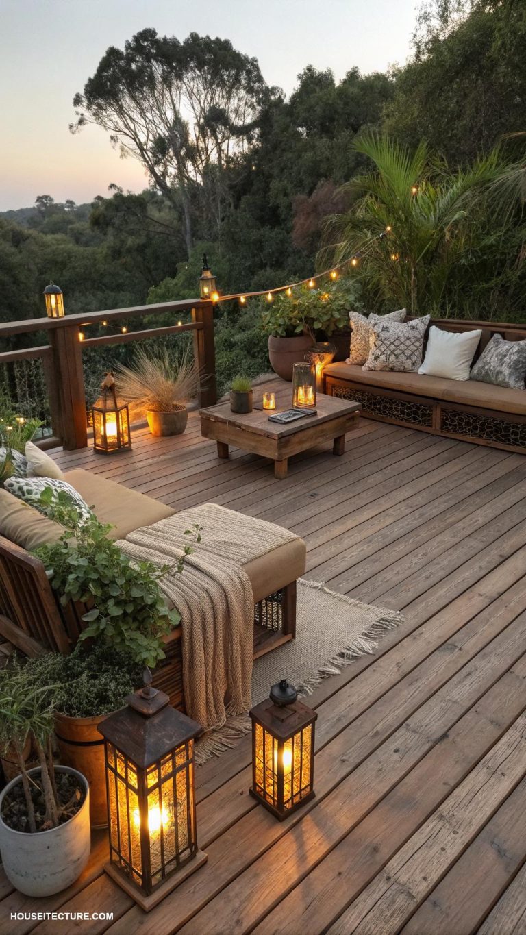 beautiful patio ideas Rustic wooden deck with ambient lanterns
