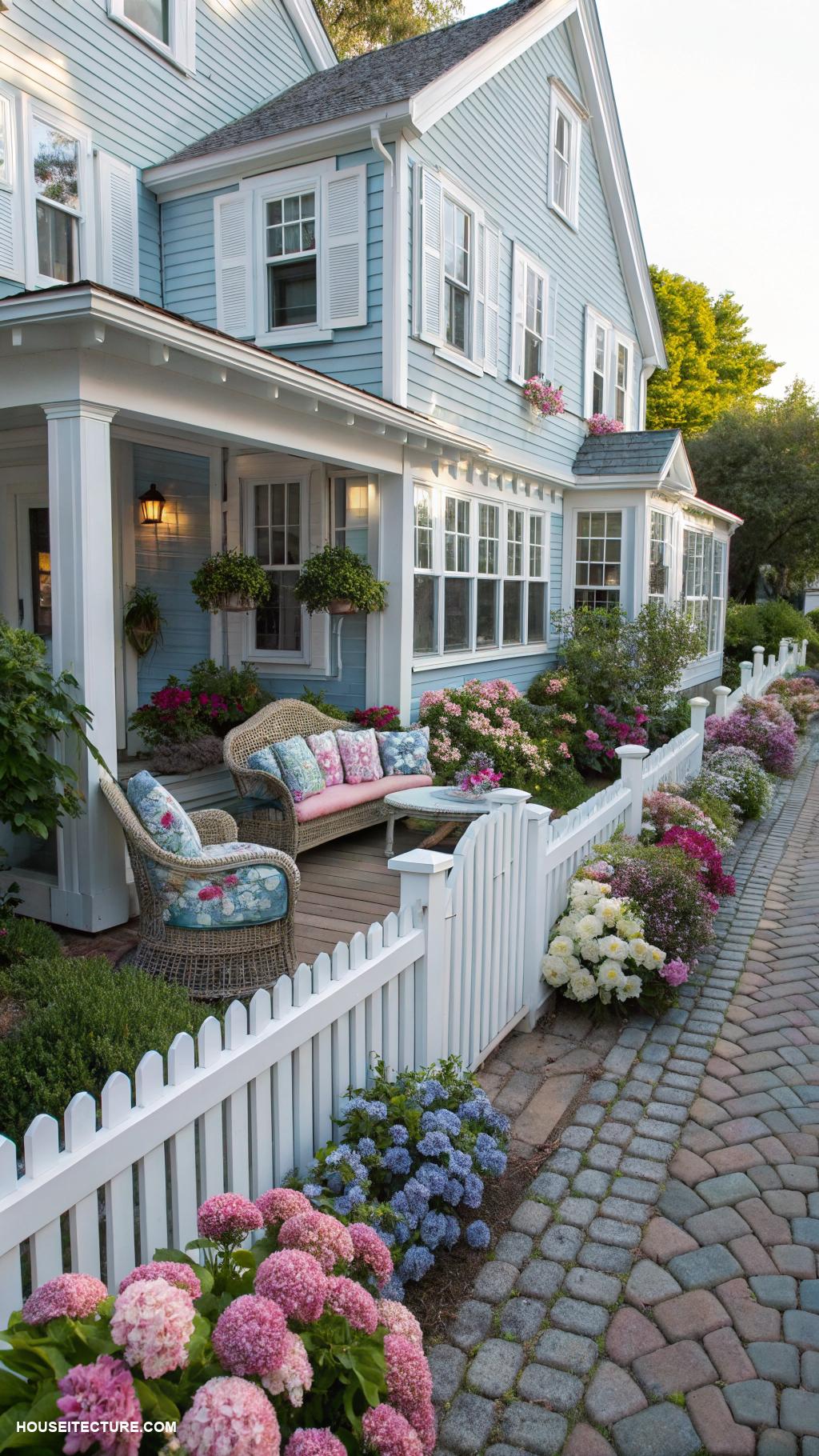 cottage houses Bright coastal cottage with white picket fence