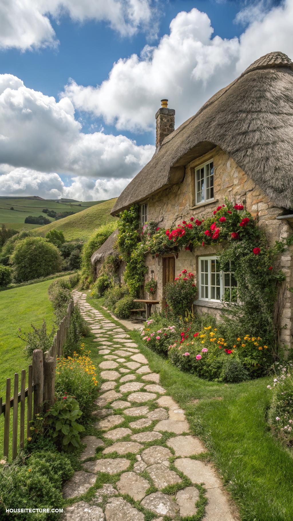 cottage houses Quaint thatched roof cottage in countryside setting