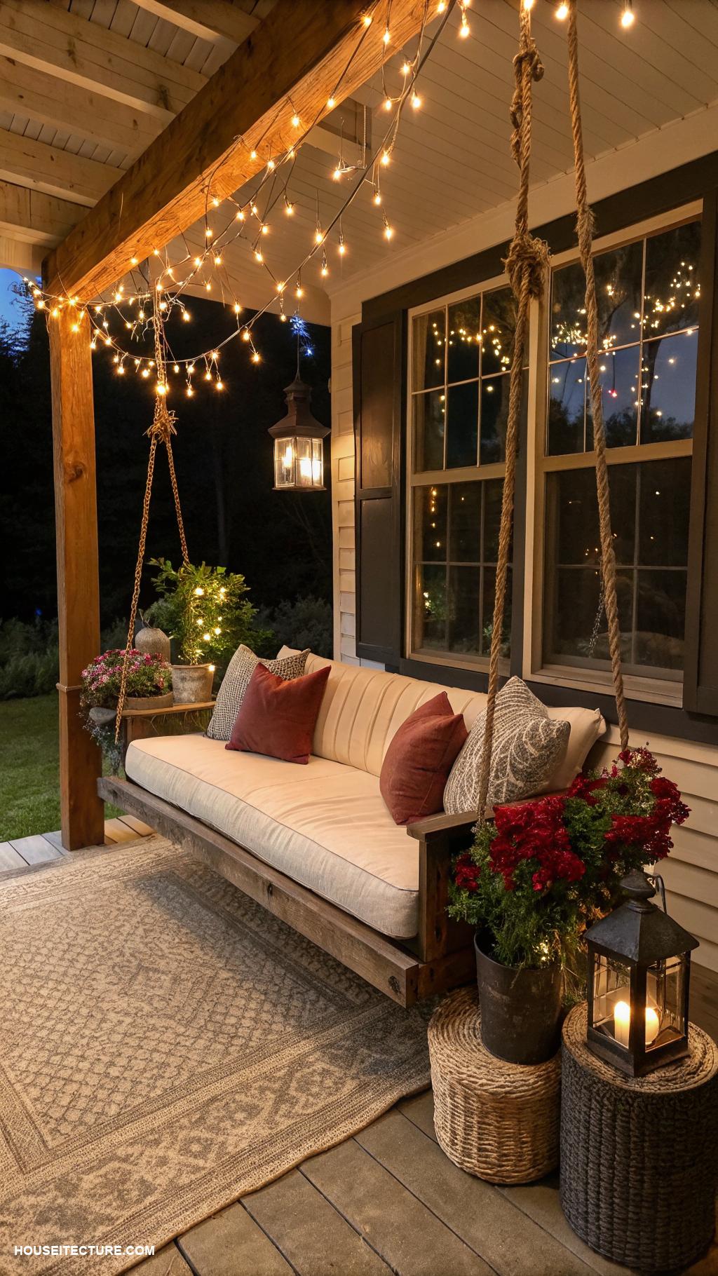 easy front porch ideas Hang fairy lights for evening ambiance