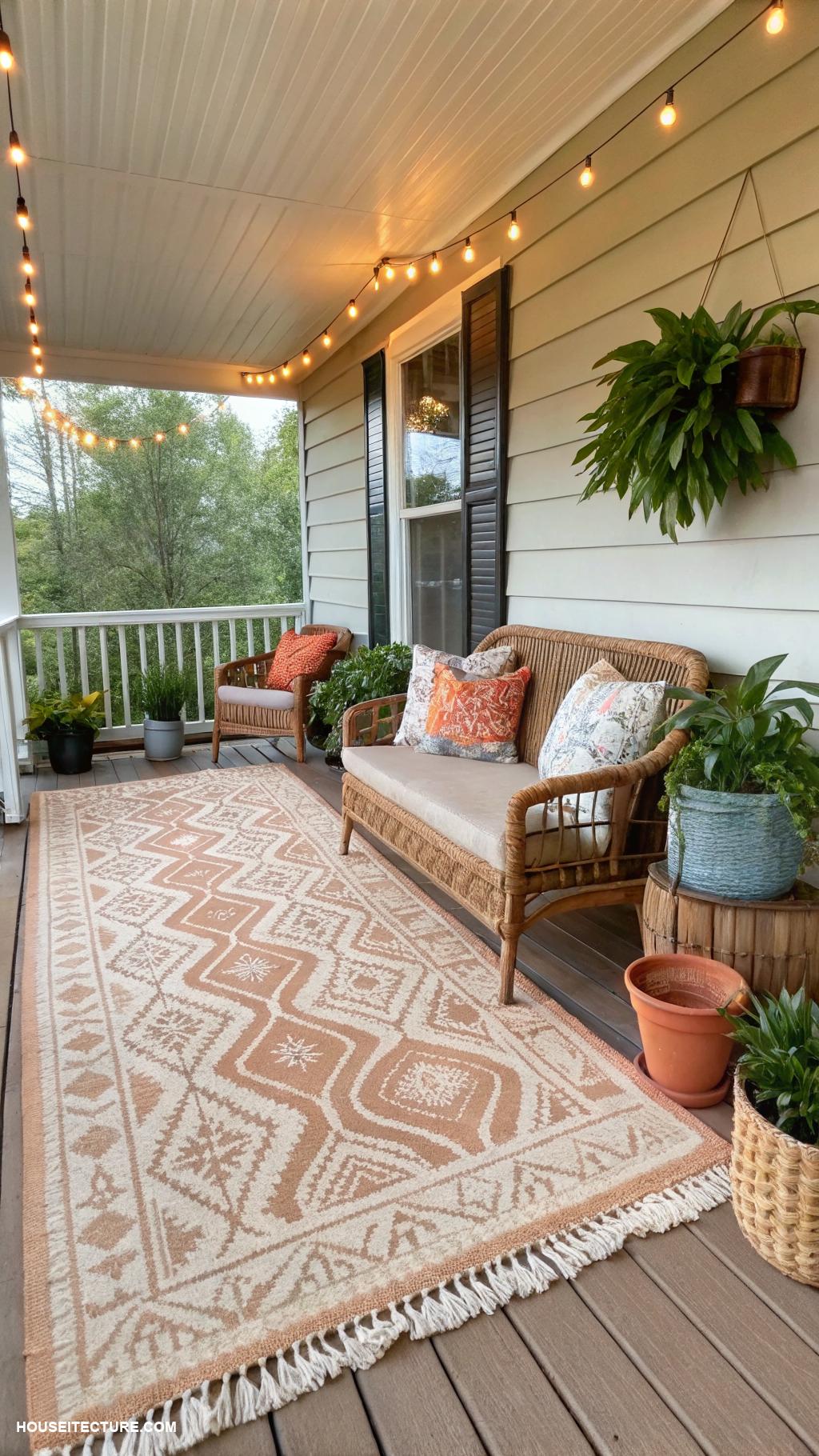 easy front porch ideas Incorporate outdoor rugs for warmth