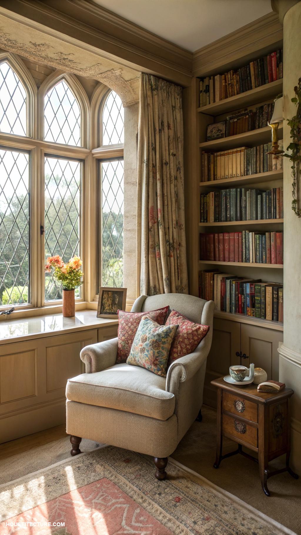 english estate Cozy reading nook with built in shelves
