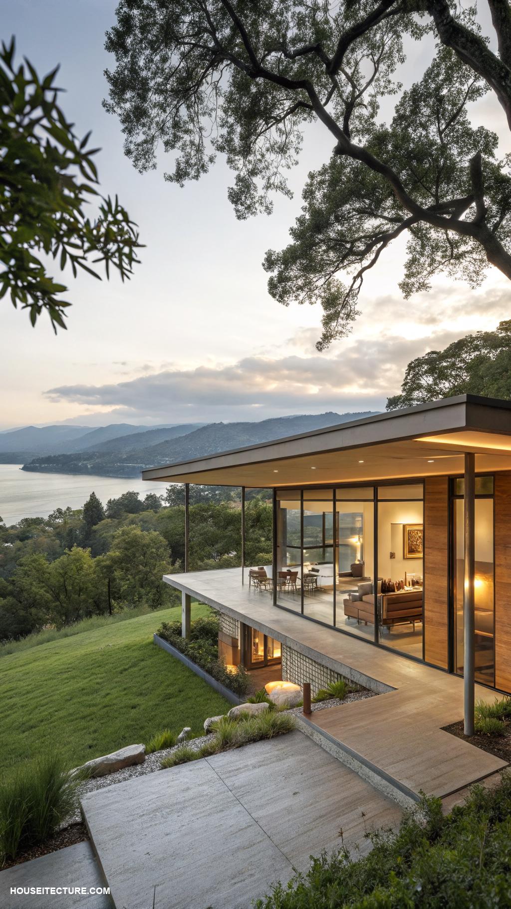 house architecture styles Mid century modern with flat planes and large glass
