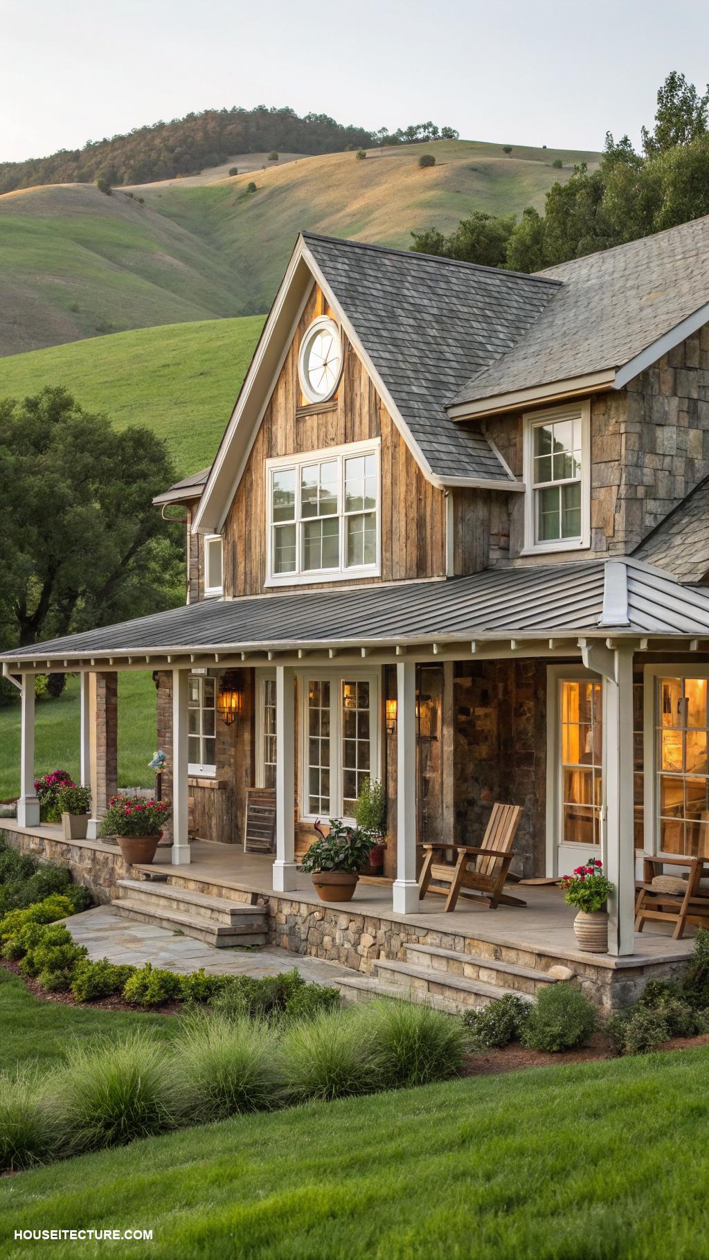 house architecture styles Rustic farmhouse with wooden beams and a porch