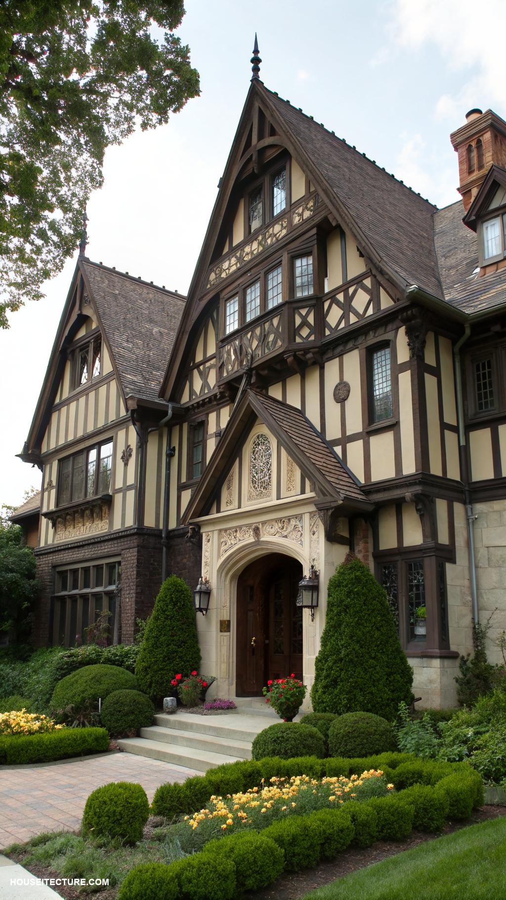 house architecture styles Tudor style with steep gables and timber frames