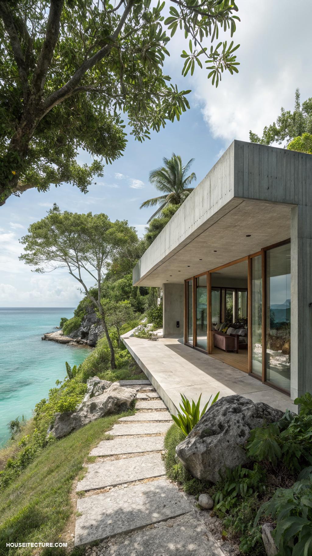 island houses Minimalist concrete structure merging with nature