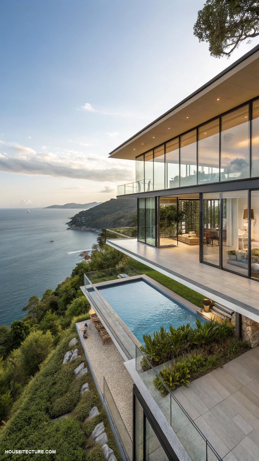 island houses Modern glass villa with panoramic ocean views