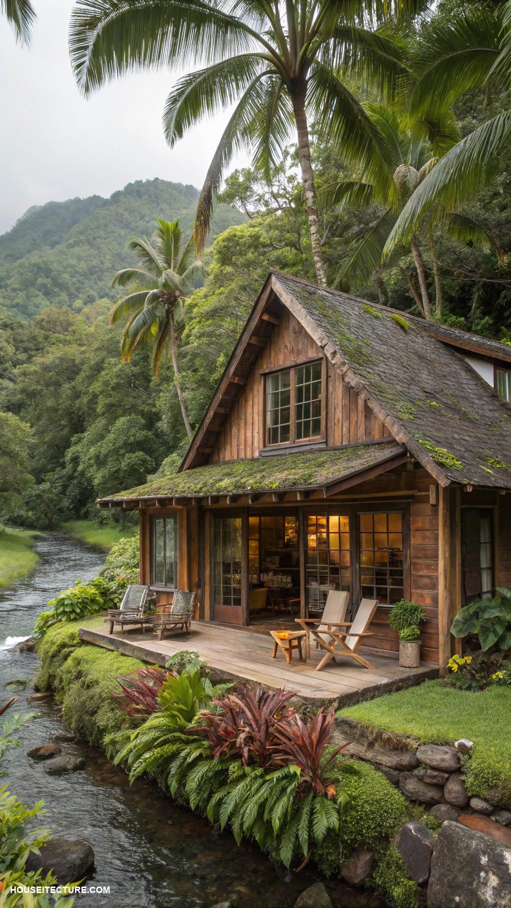 island houses Rustic wooden cabin surrounded by lush greenery