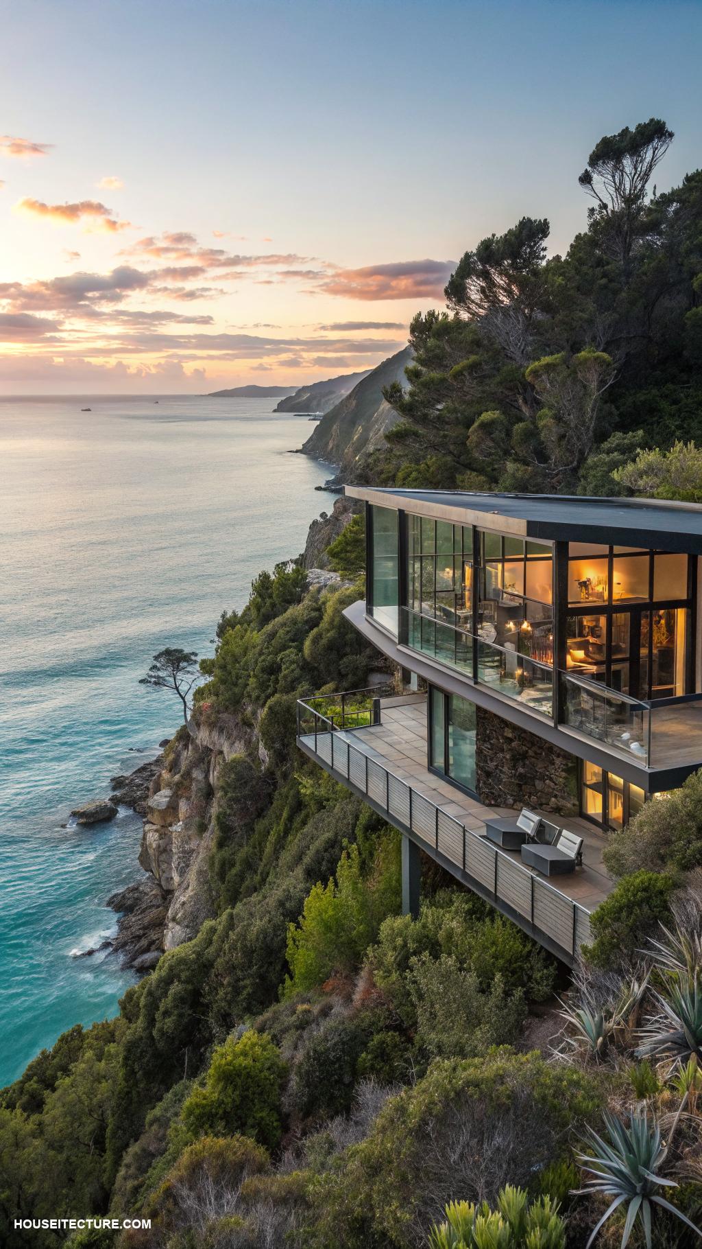 modern coastal houses Modern glass facade blending with nature