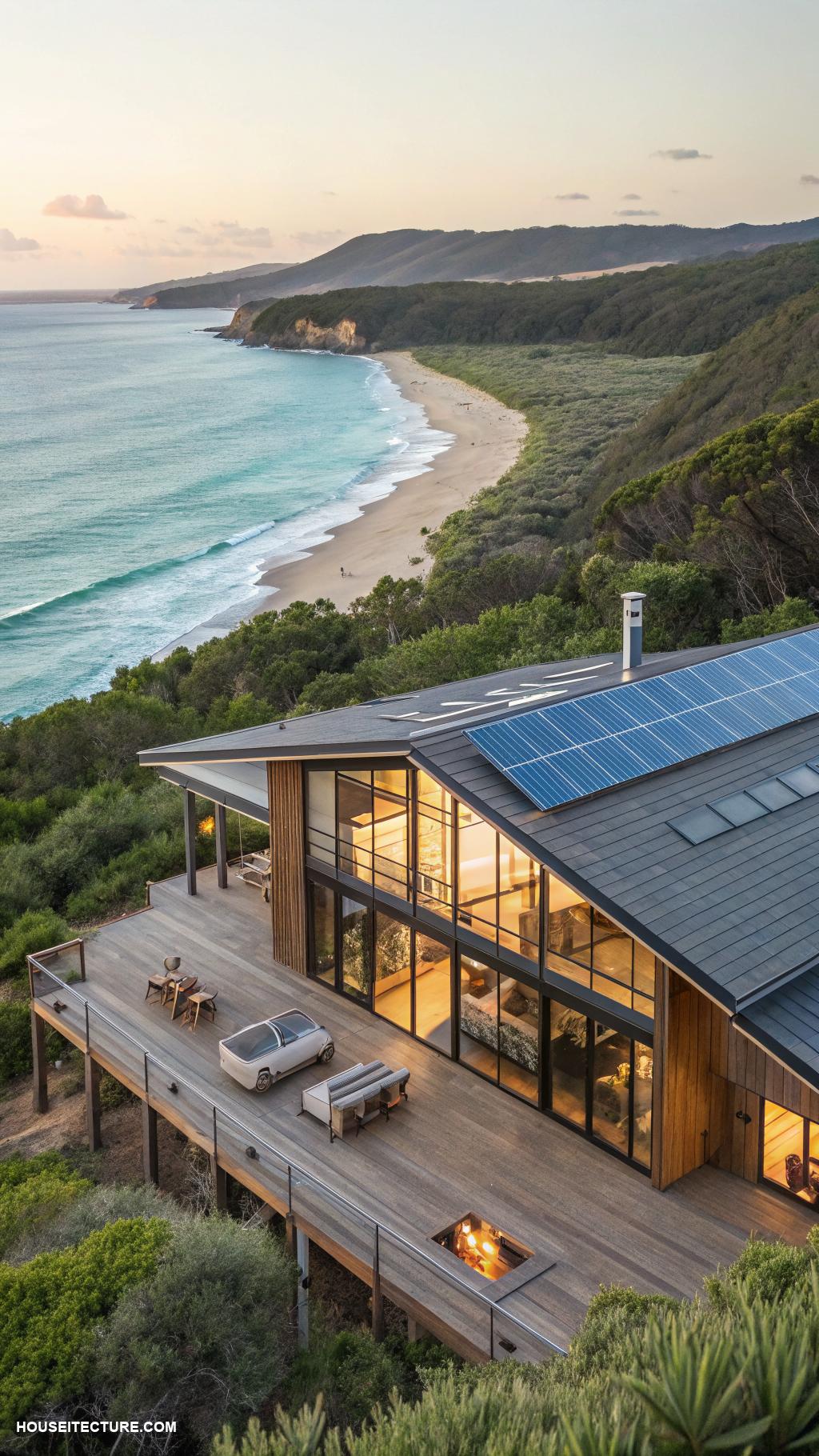 modern coastal houses Sustainable beach house with solar panels