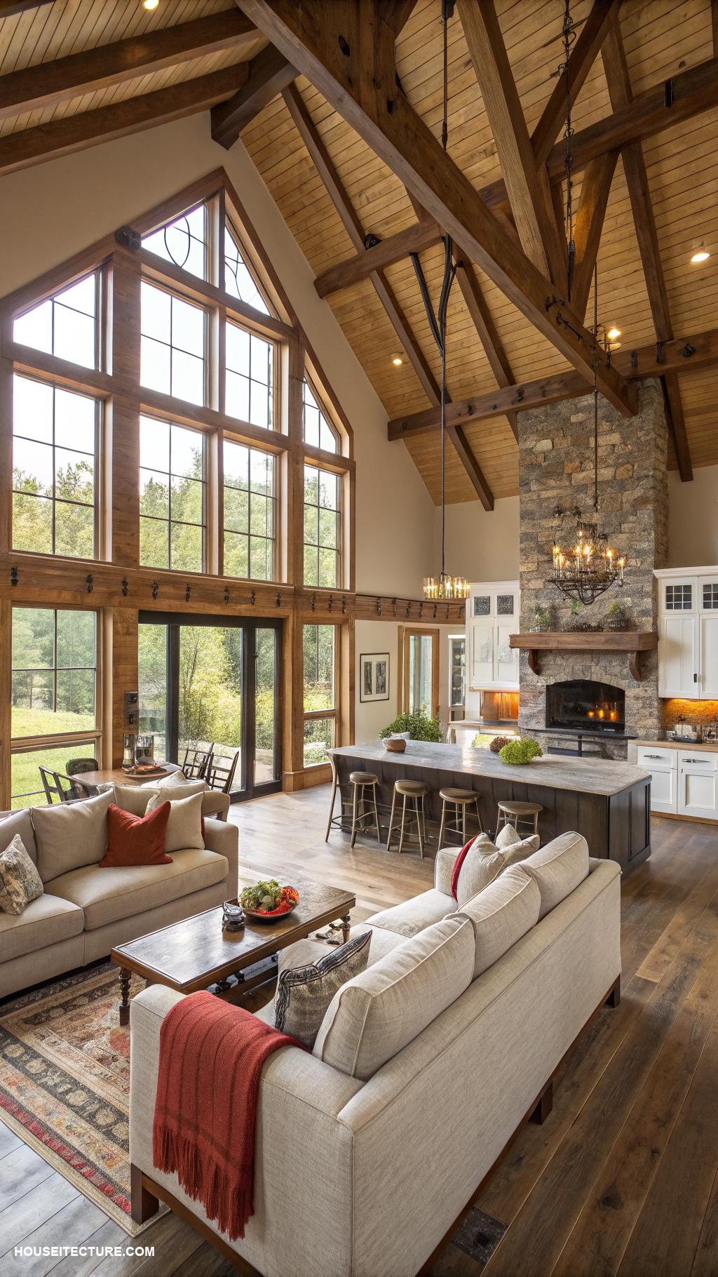 modern farmhouses Open concept living space with high ceilings