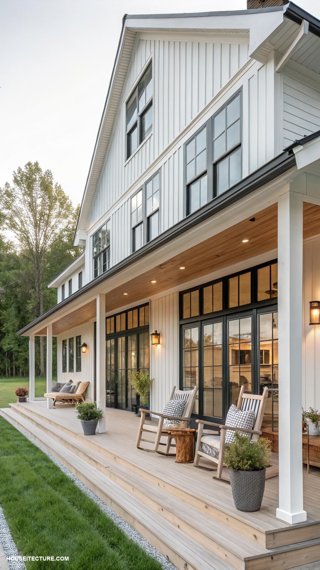 modern farmhouses Wide porch with rocking chairs