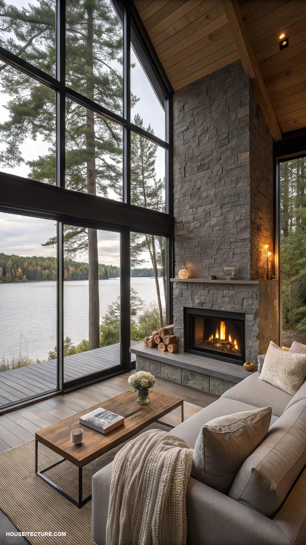 modern lake house Cozy fireplaces for year round warmth and comfort