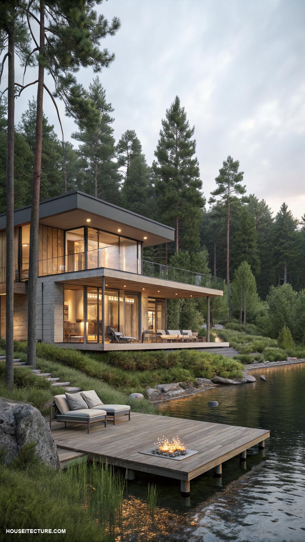 modern lake house Minimalist design with natural light focus