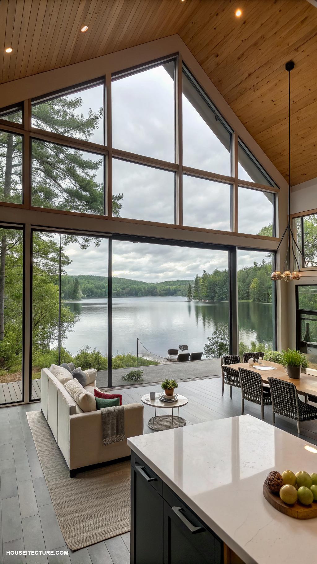 modern lake house Open concept living with panoramic lake views