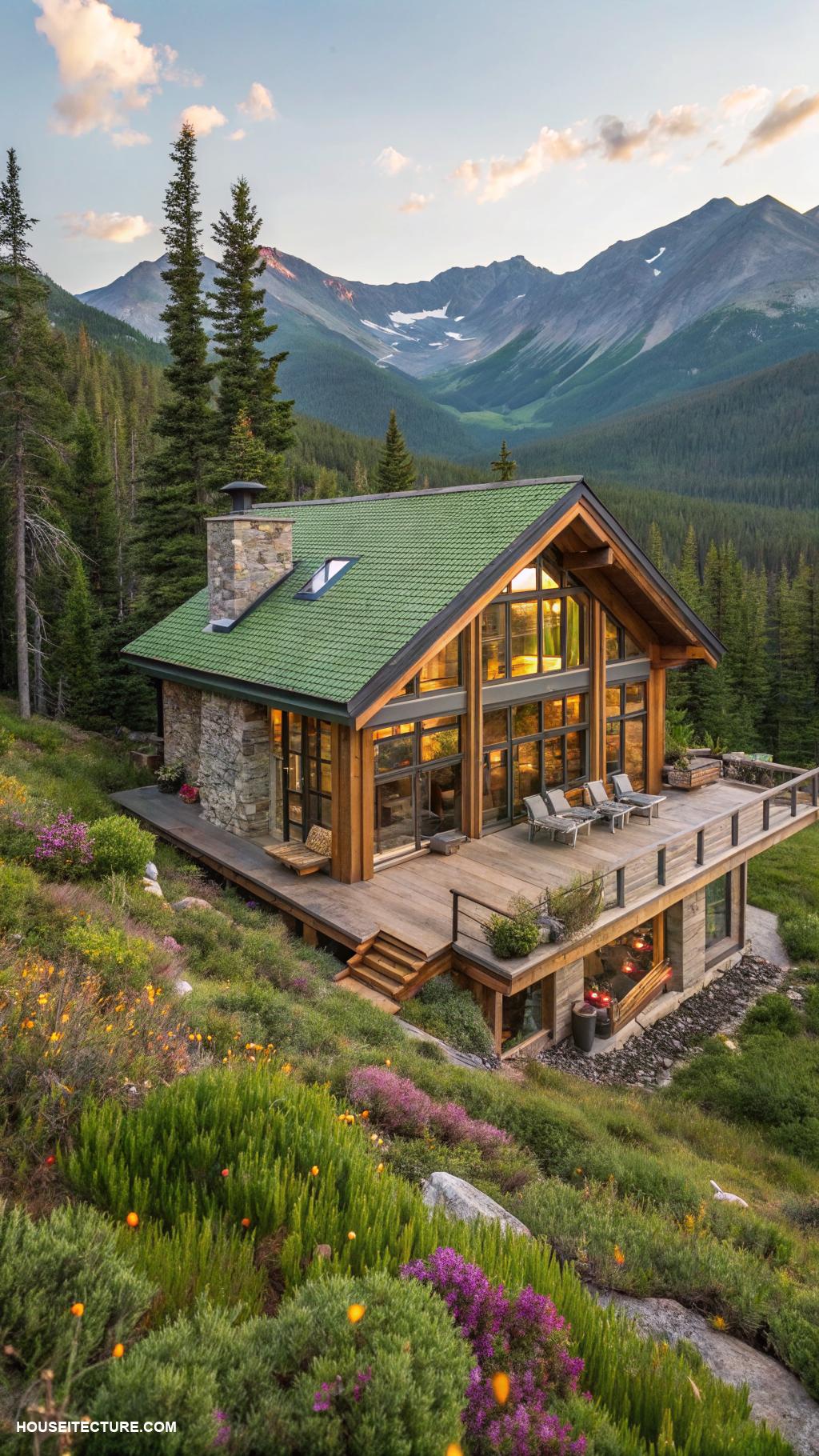 mountain houses Eco friendly home with green roof