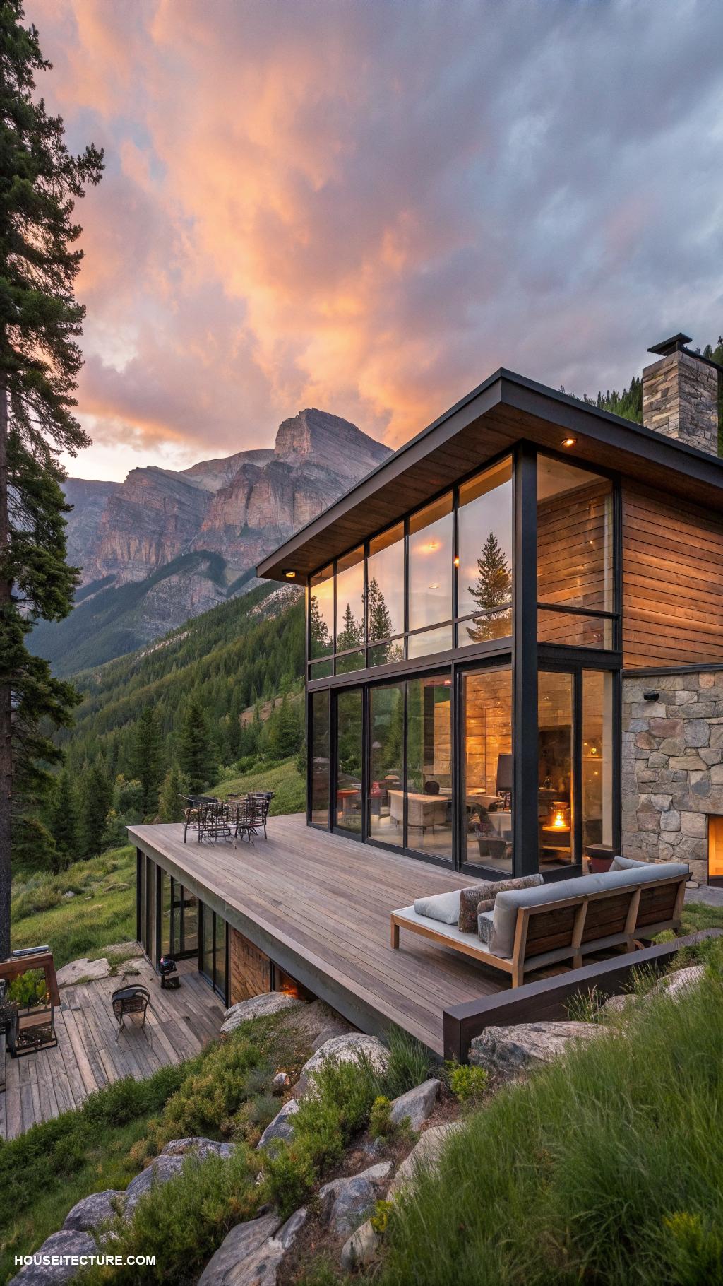 mountain houses Modern cabin with large glass windows