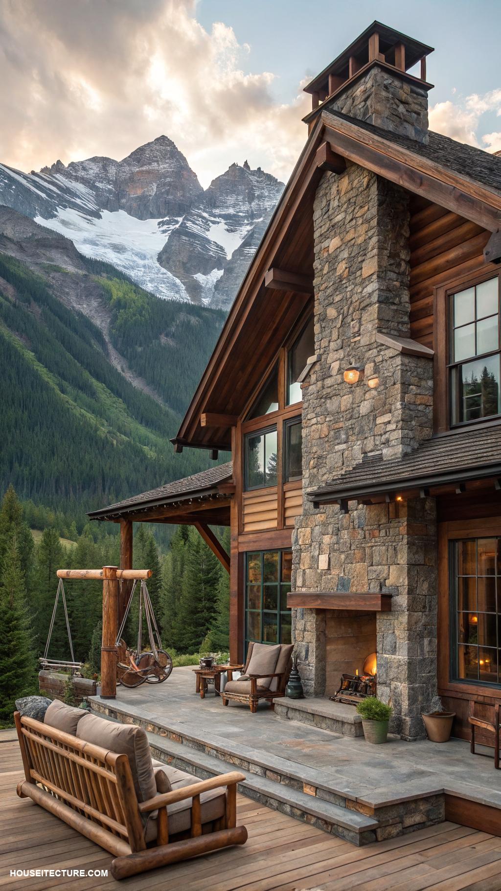 mountain houses Rustic wooden lodge with stone fireplace