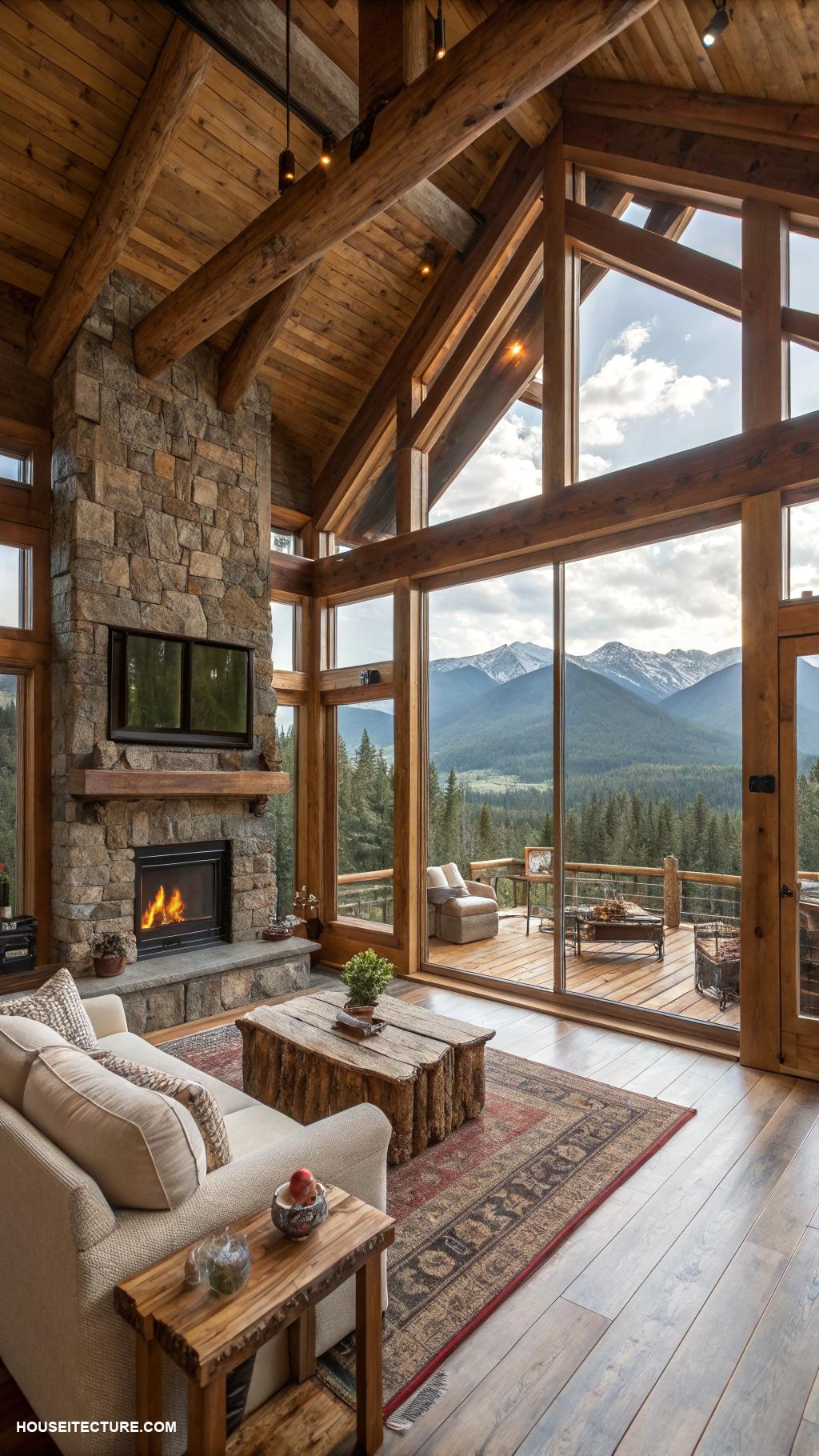 mountain houses Traditional log cabin with open floor plan