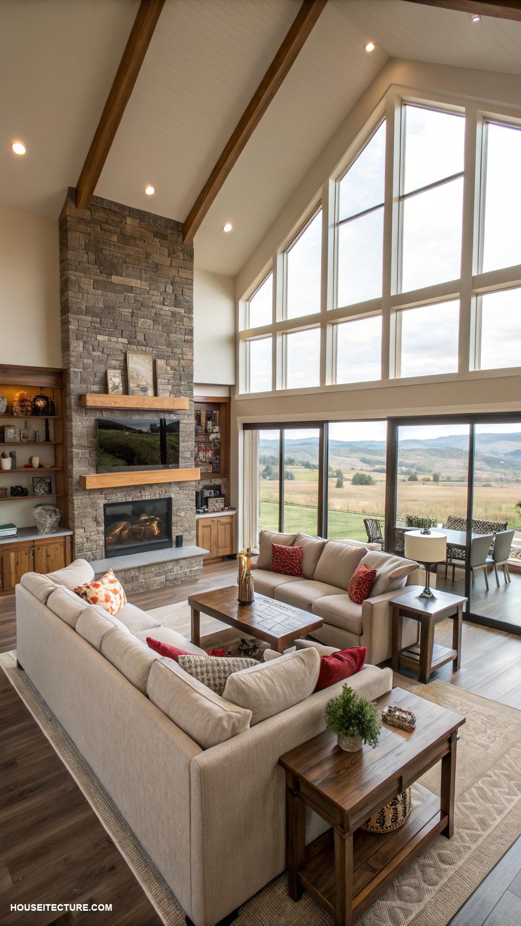 ranch houses Open concept living space with large windows