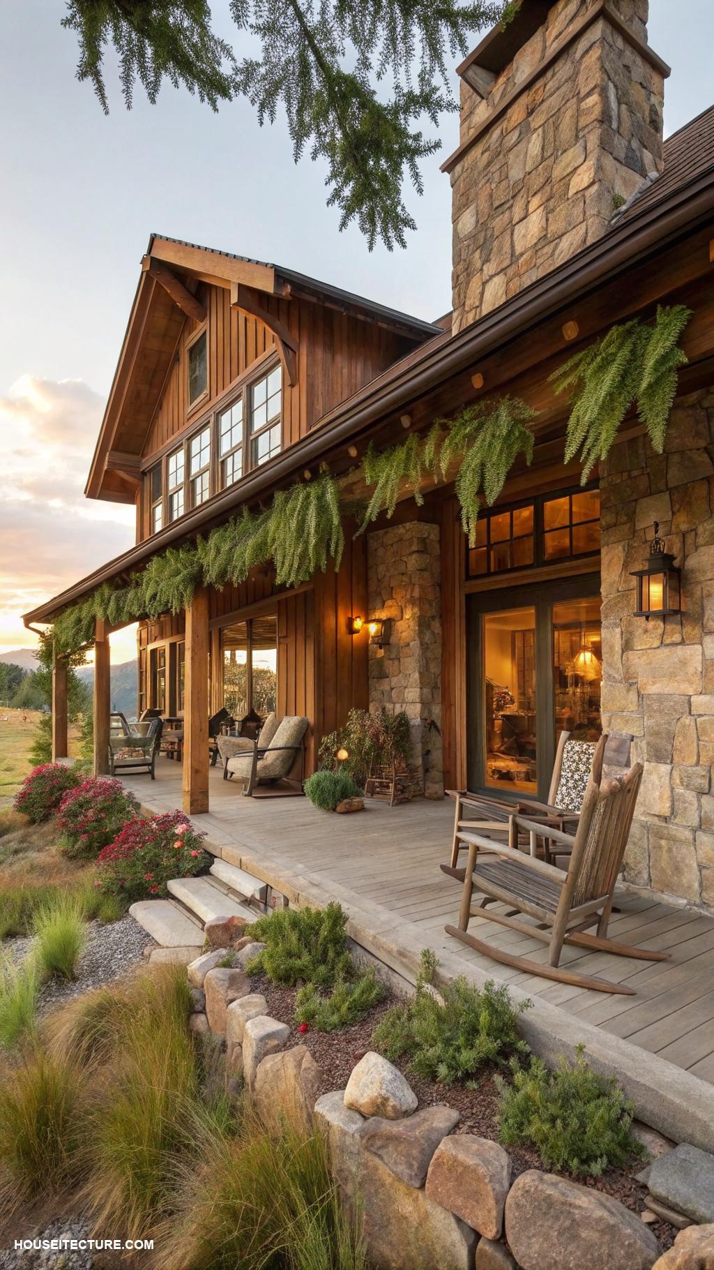 ranch houses Rustic wood accents and stone fireplace