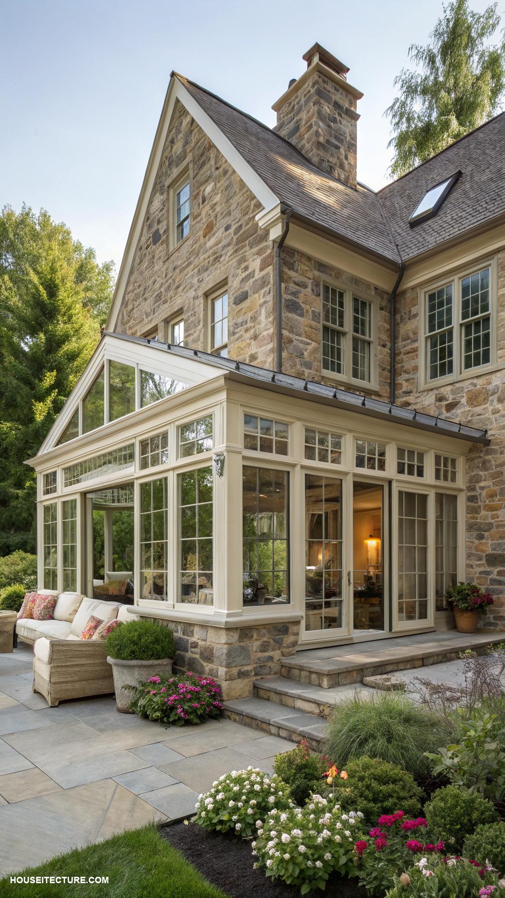 stone colonial houses Bright sunroom with stone accents