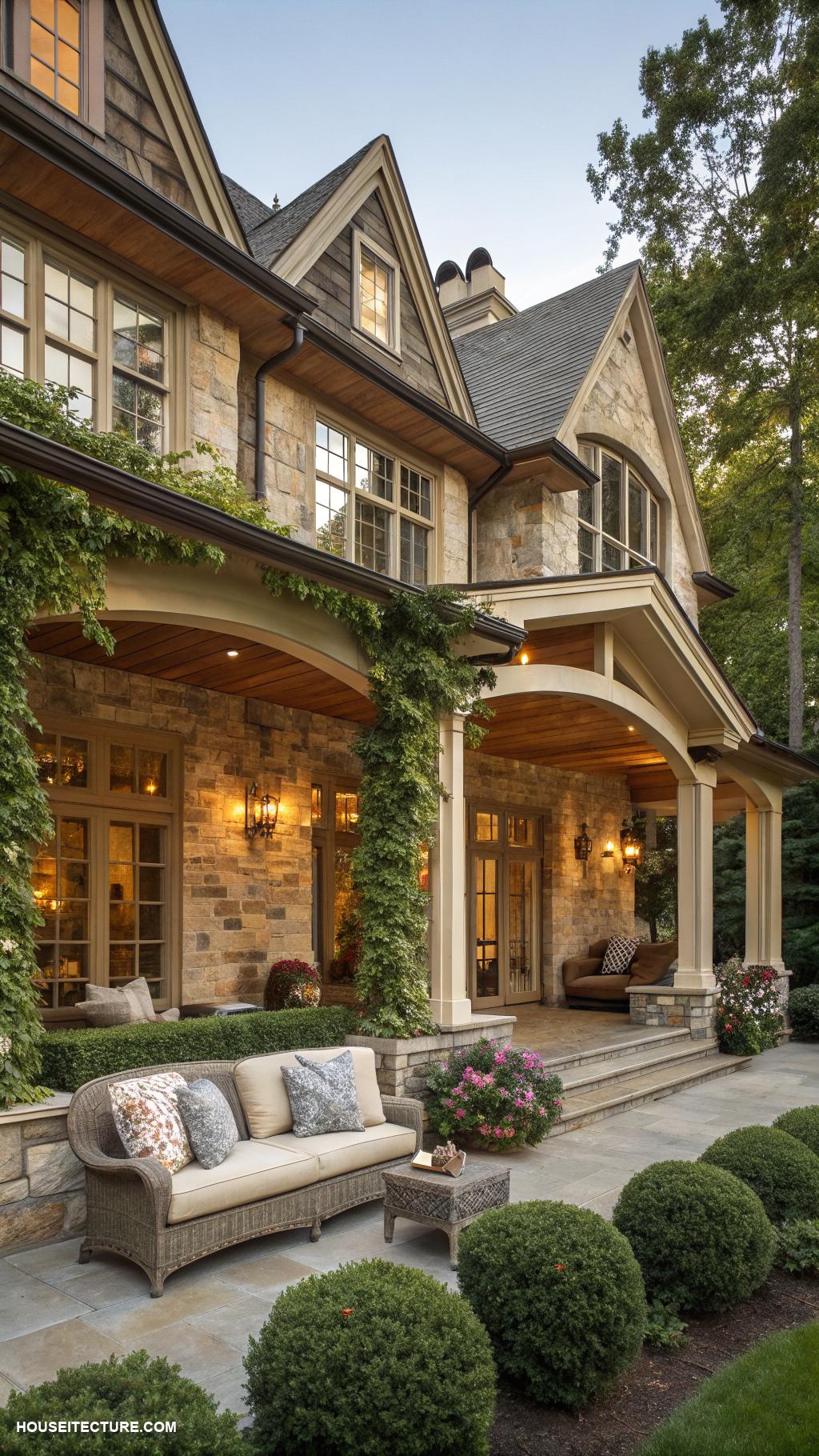 stone colonial houses Large porch with vaulted ceilings