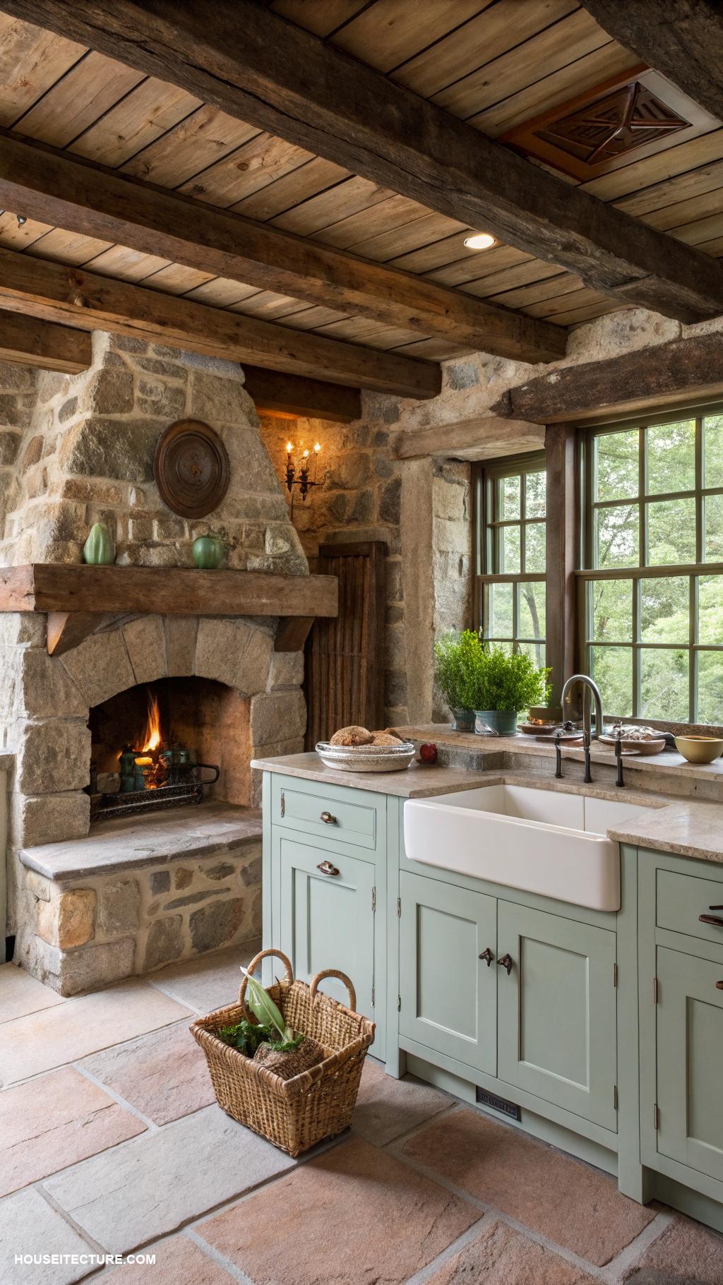 stone colonial houses Rustic kitchen with stone fireplace