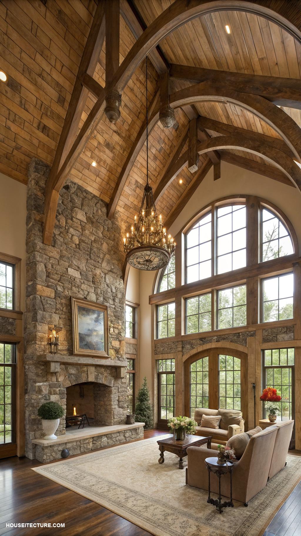 stone colonial houses Vaulted ceilings with wooden beams