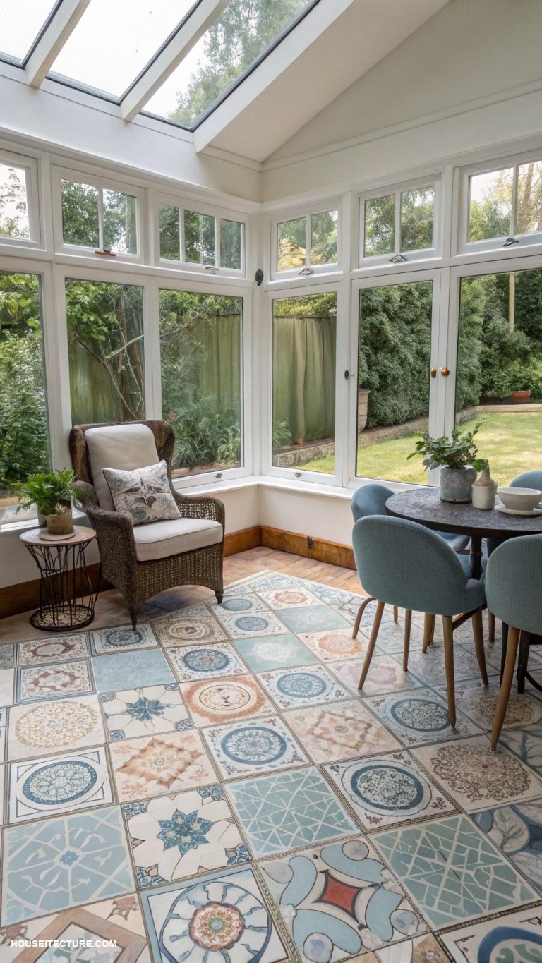 sun room extension ideas Decorative tile flooring for visual interest
