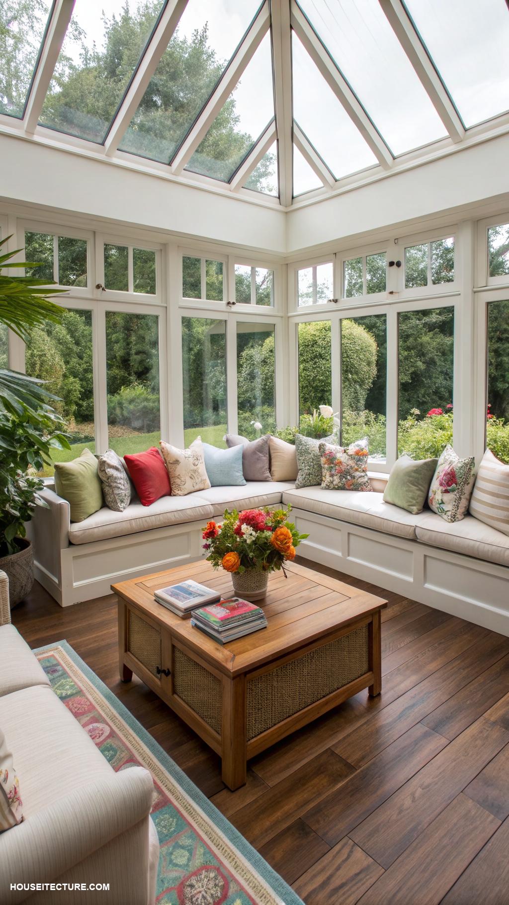 sun room extension ideas Integrated seating around the perimeter