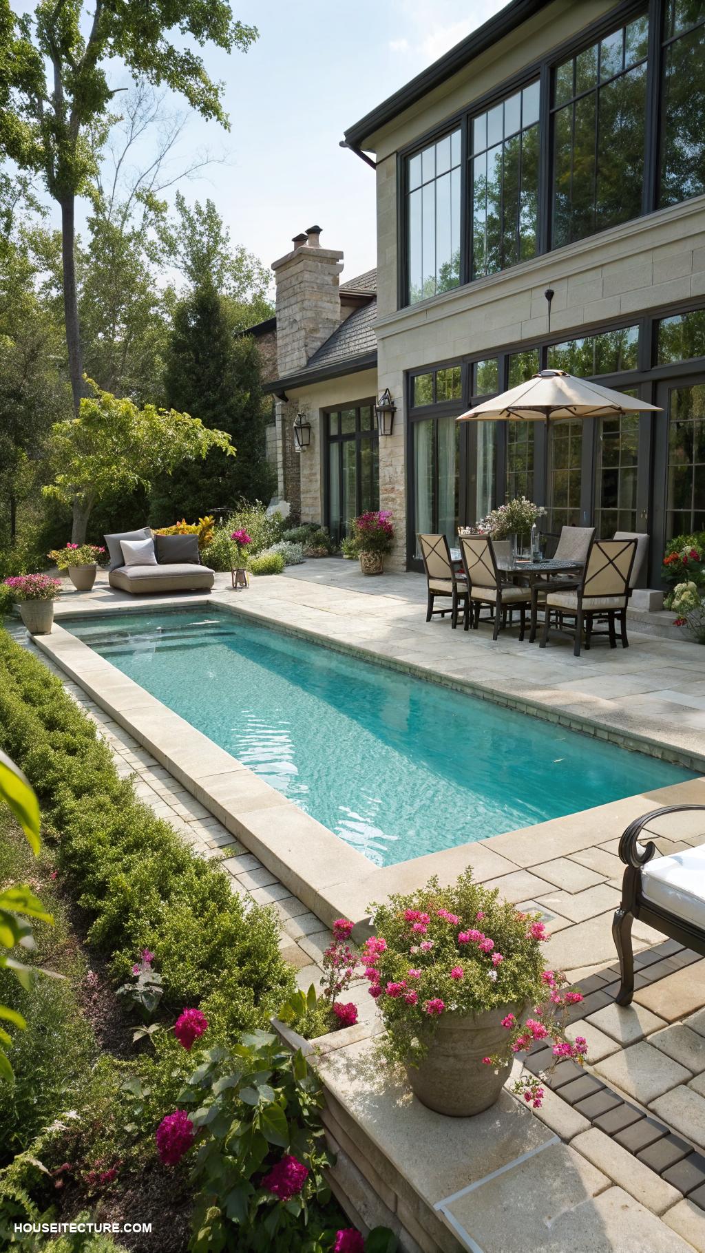 traditional pools Classic rectangular pool with stone coping