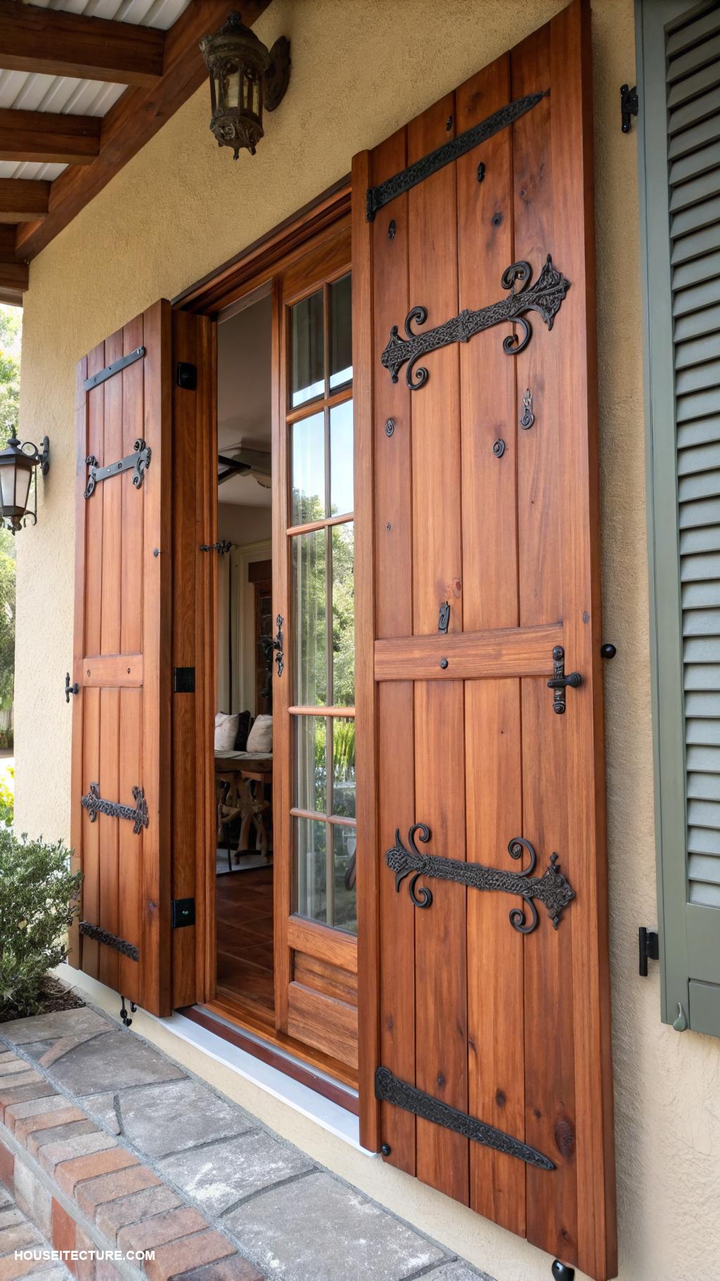 cedar shutters Cedar shutters with unique hardware accents