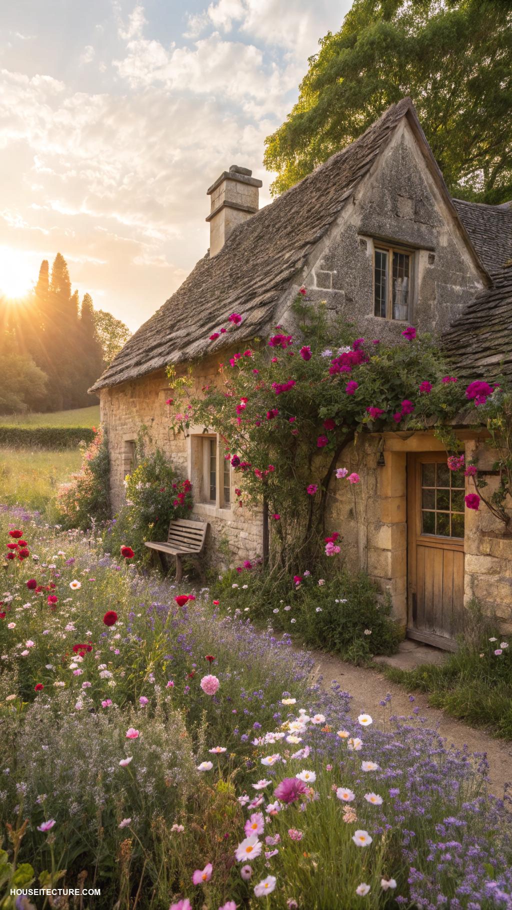 english cottages Rustic stone cottage amidst wildflowers
