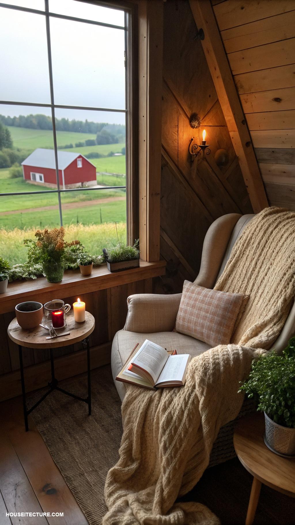 farmhouse with barn ideas Cozy reading nook with barn window