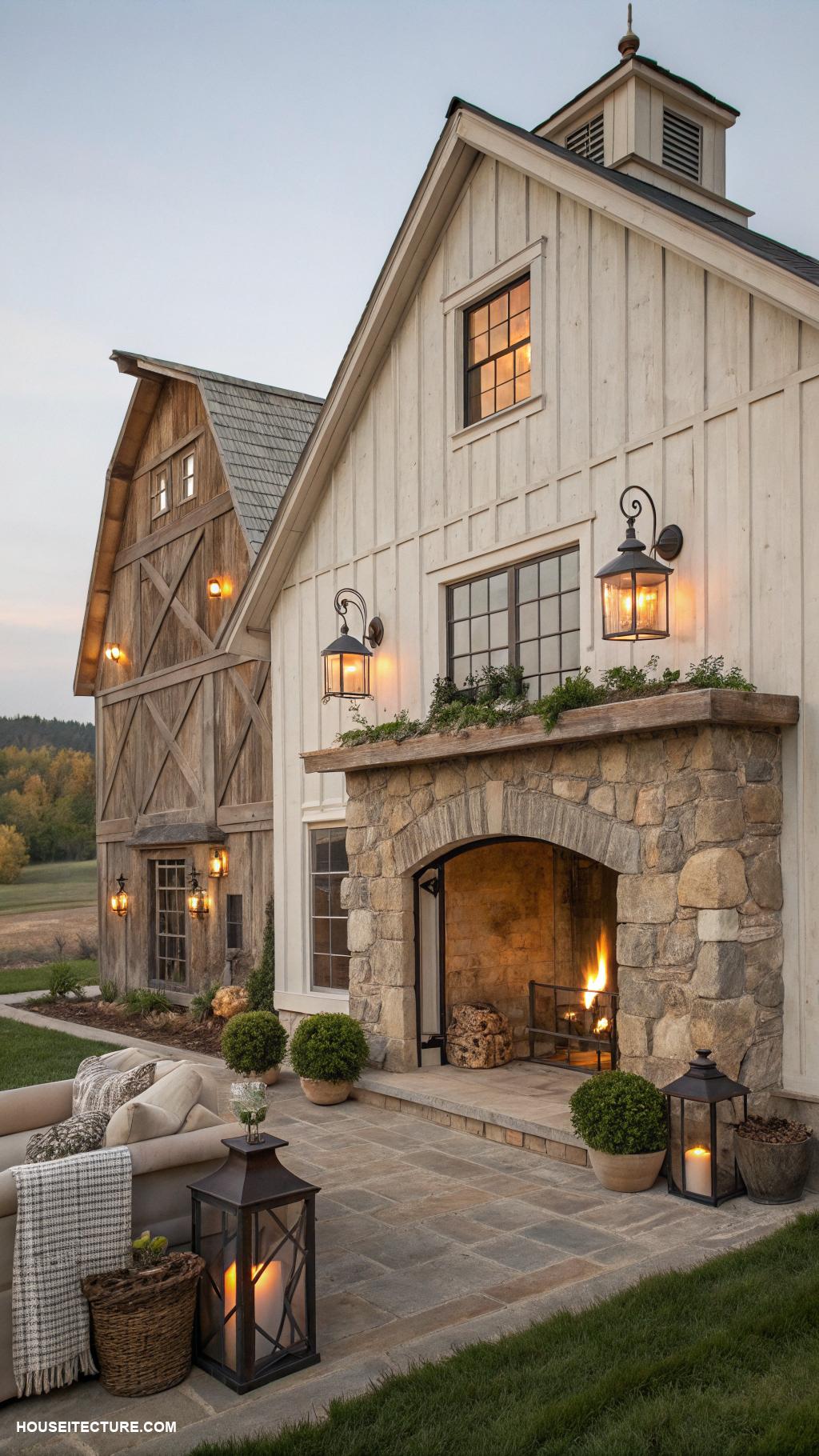 farmhouse with barn ideas Farmhouse style fireplace with stone accents