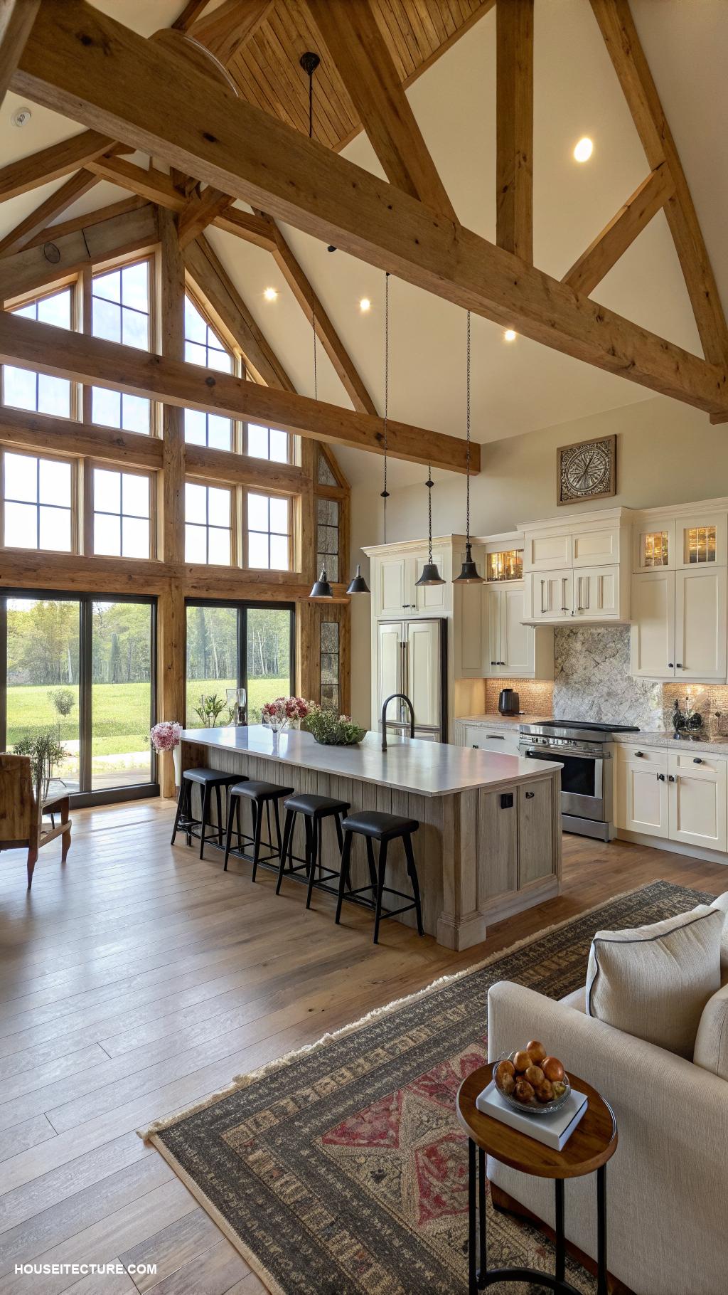 farmhouse with barn ideas Open floor plan with exposed wooden beams