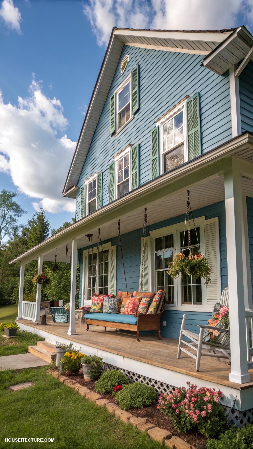 farmhouse with wrap around porch Charming blue farmhouse with double porch swing
