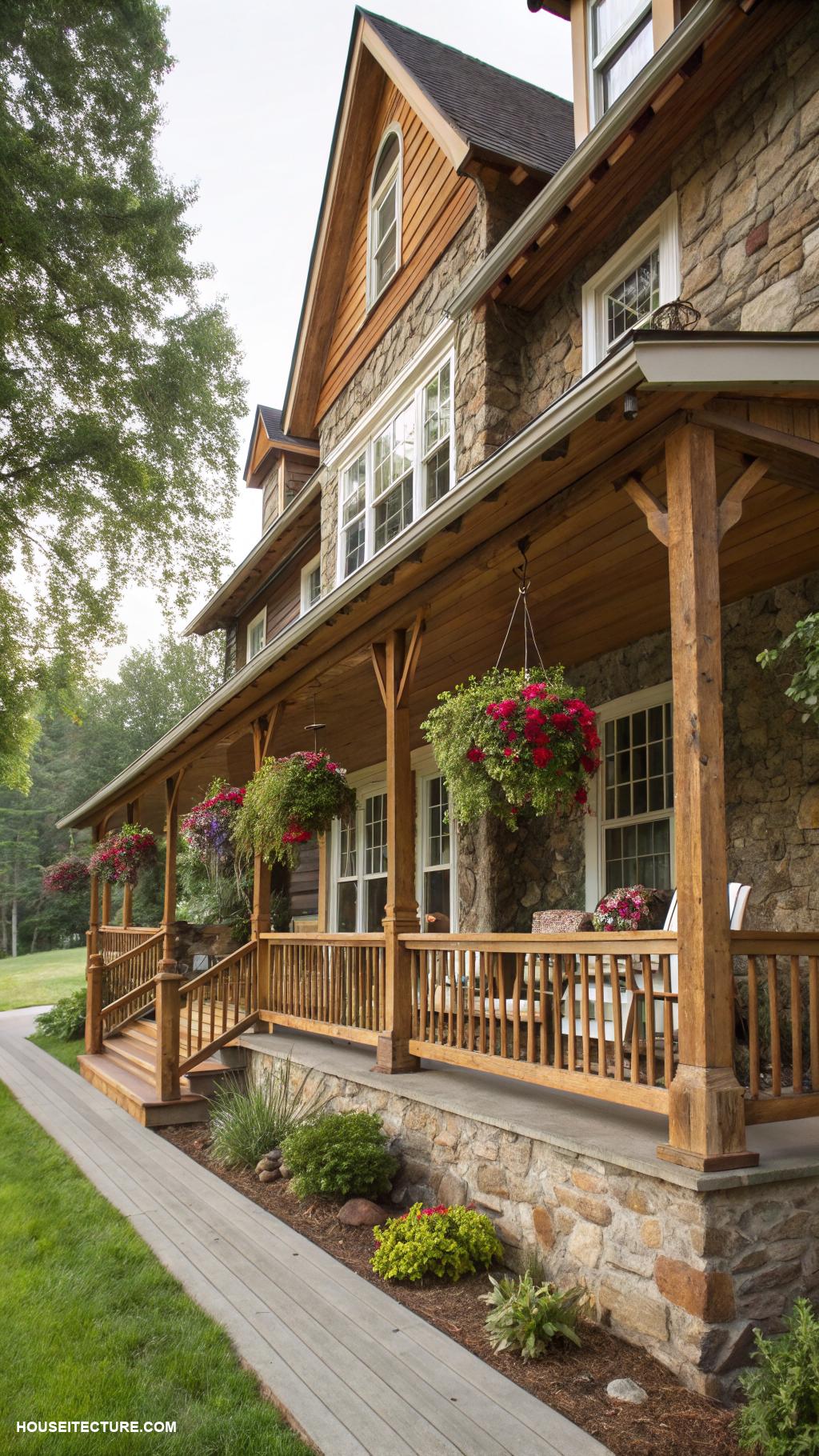 farmhouse with wrap around porch Country farmhouse blending stone and wood finishes