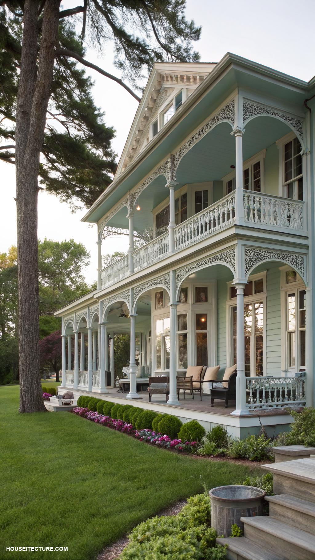 farmhouse with wrap around porch Elegant farmhouse with tall pillars and railings