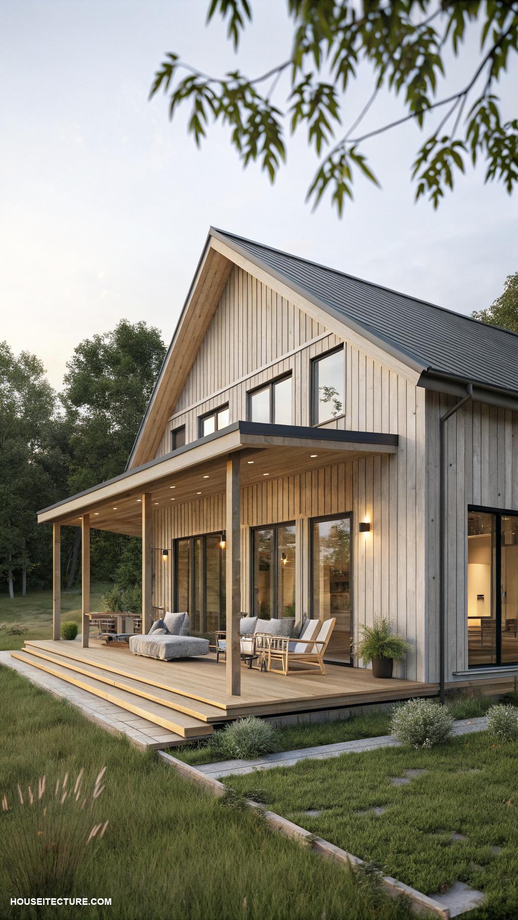 farmhouse with wrap around porch Minimalist farmhouse wrapped in natural wood