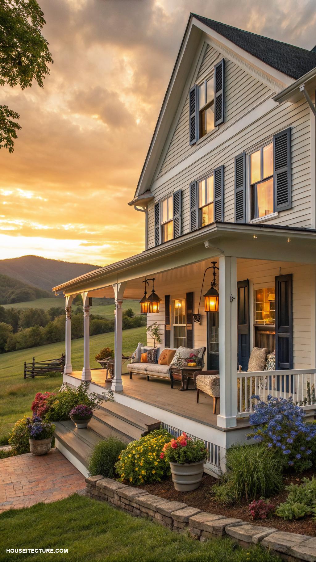 farmhouse with wrap around porch Sunset view farmhouse with expansive porch