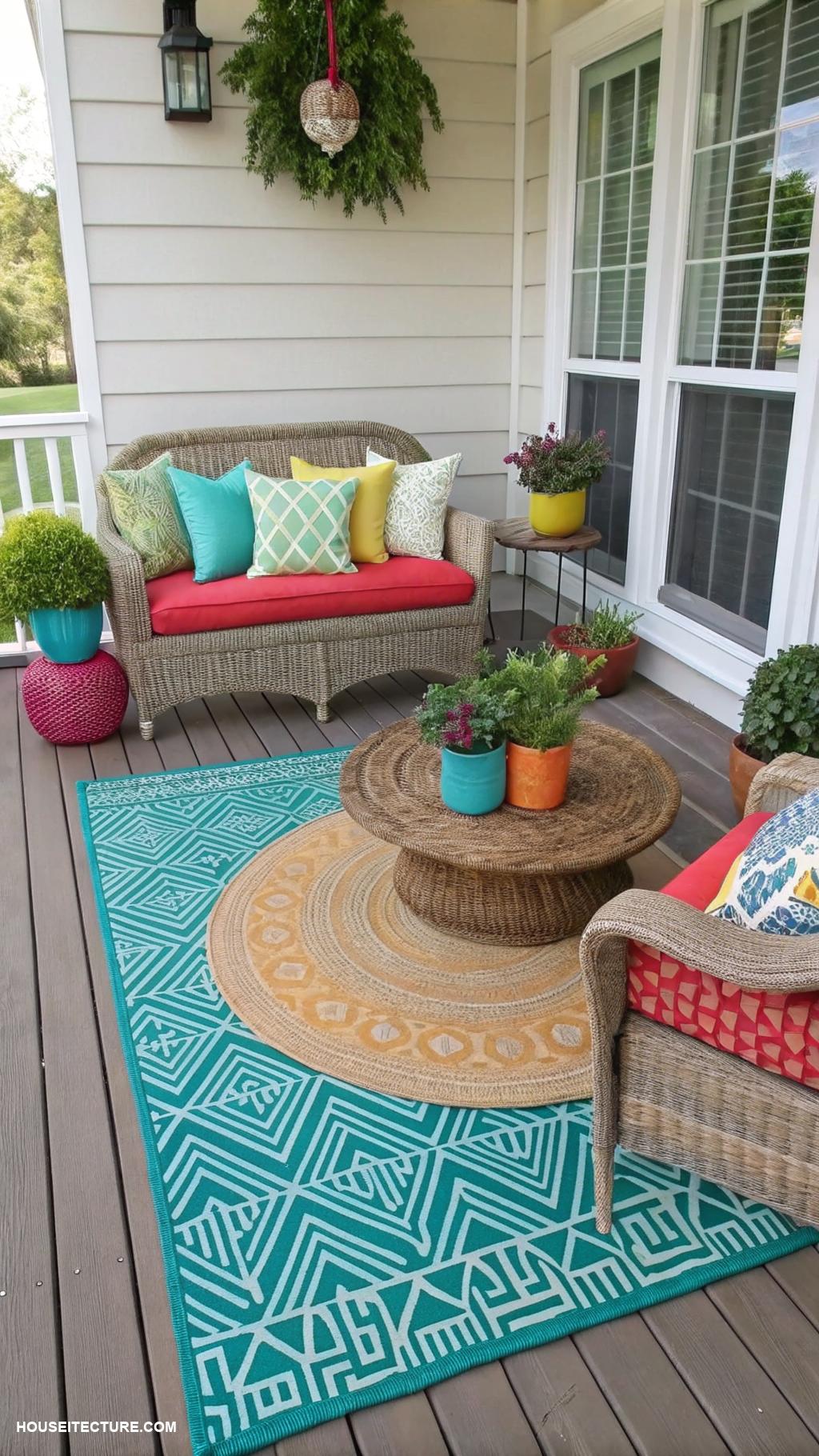 front porch styling ideas Accessorize with vibrant outdoor rugs