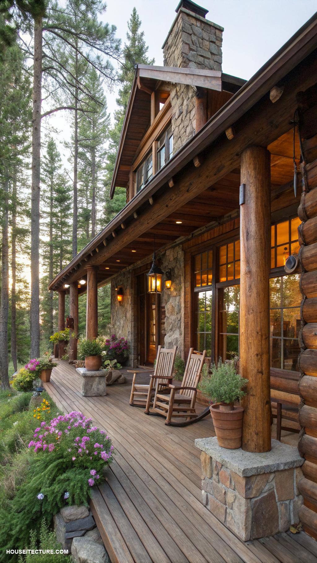 house with wrap around porch Rustic cabin with wooden beams