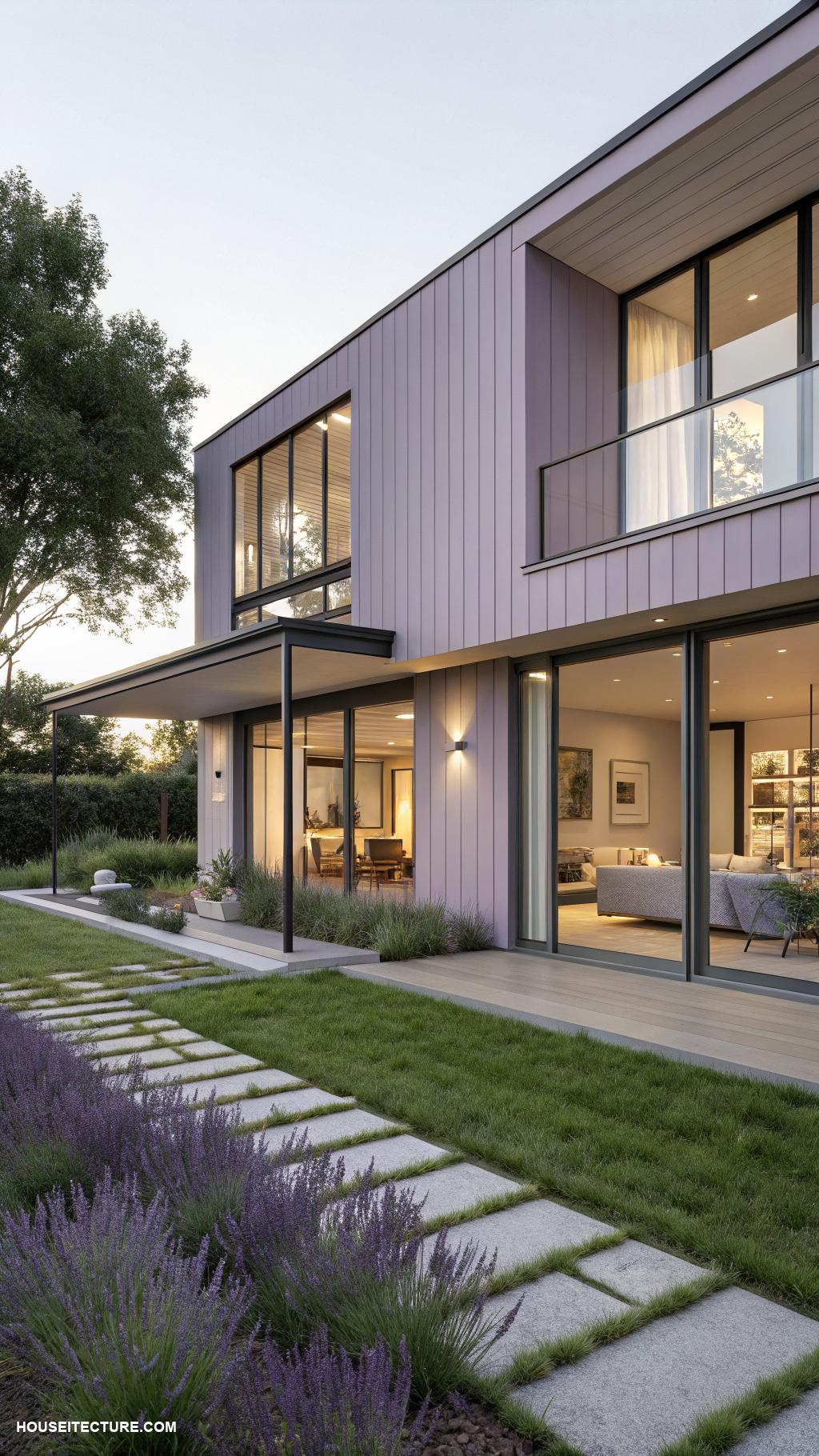 lavender house Contemporary lavender home with large windows