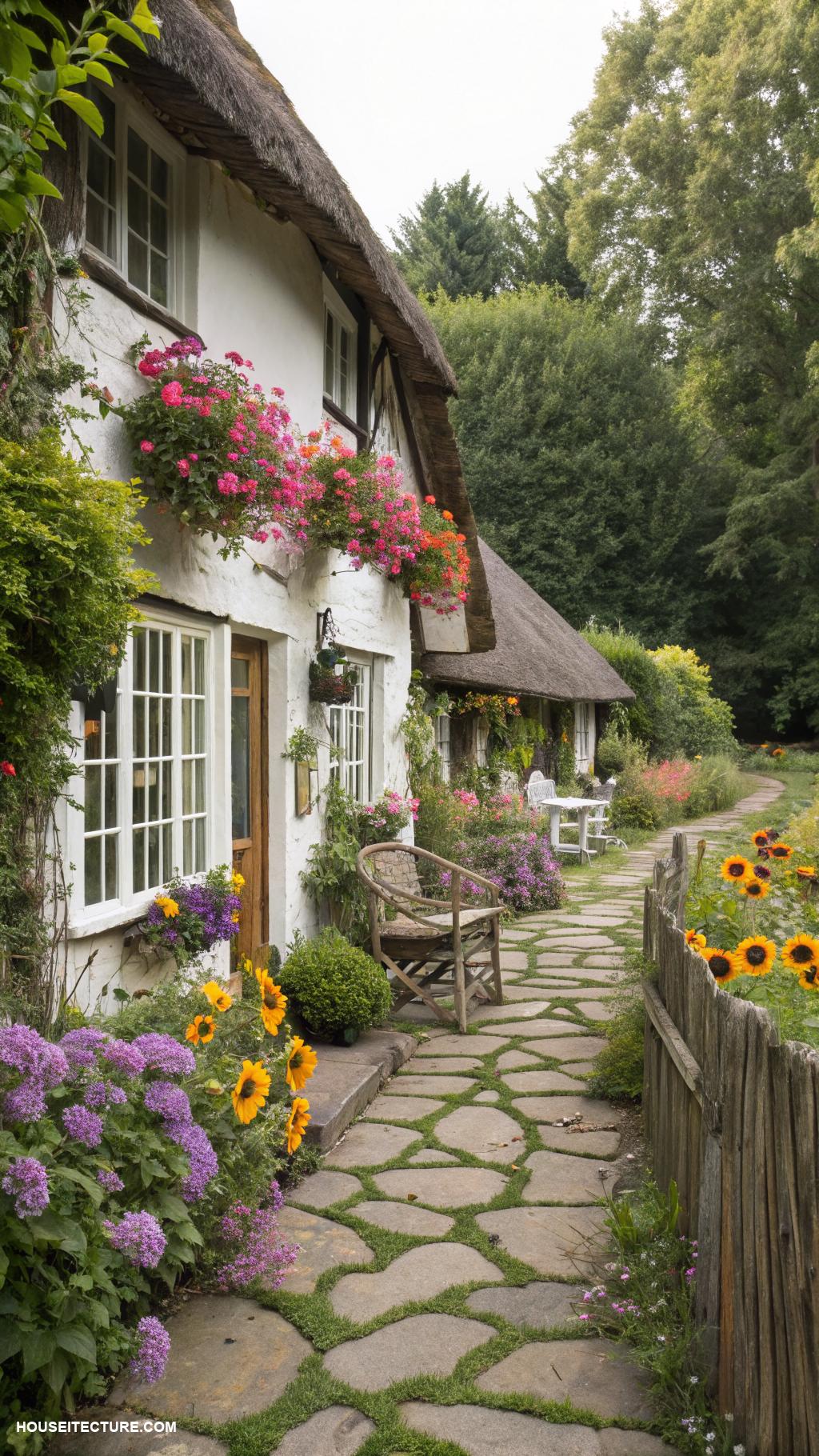 modern cottage homes Whitewashed cottage with colorful flower garden