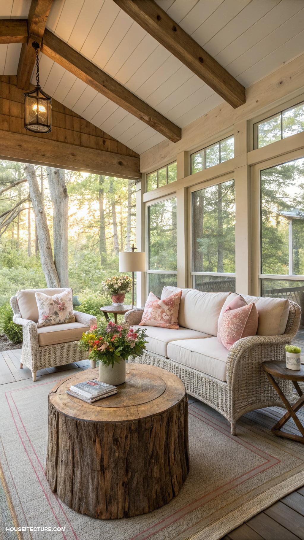 traditional porch screened in porch with cozy furniture